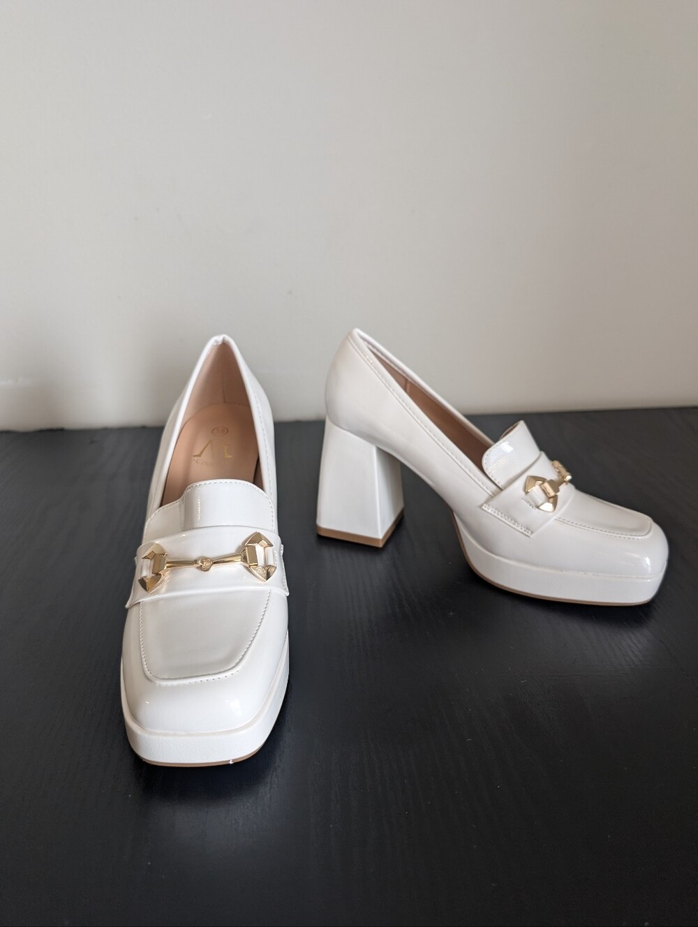 NEW Elegant White Patent Platform Loafers Heeled Block Heel Preppy Chic 38